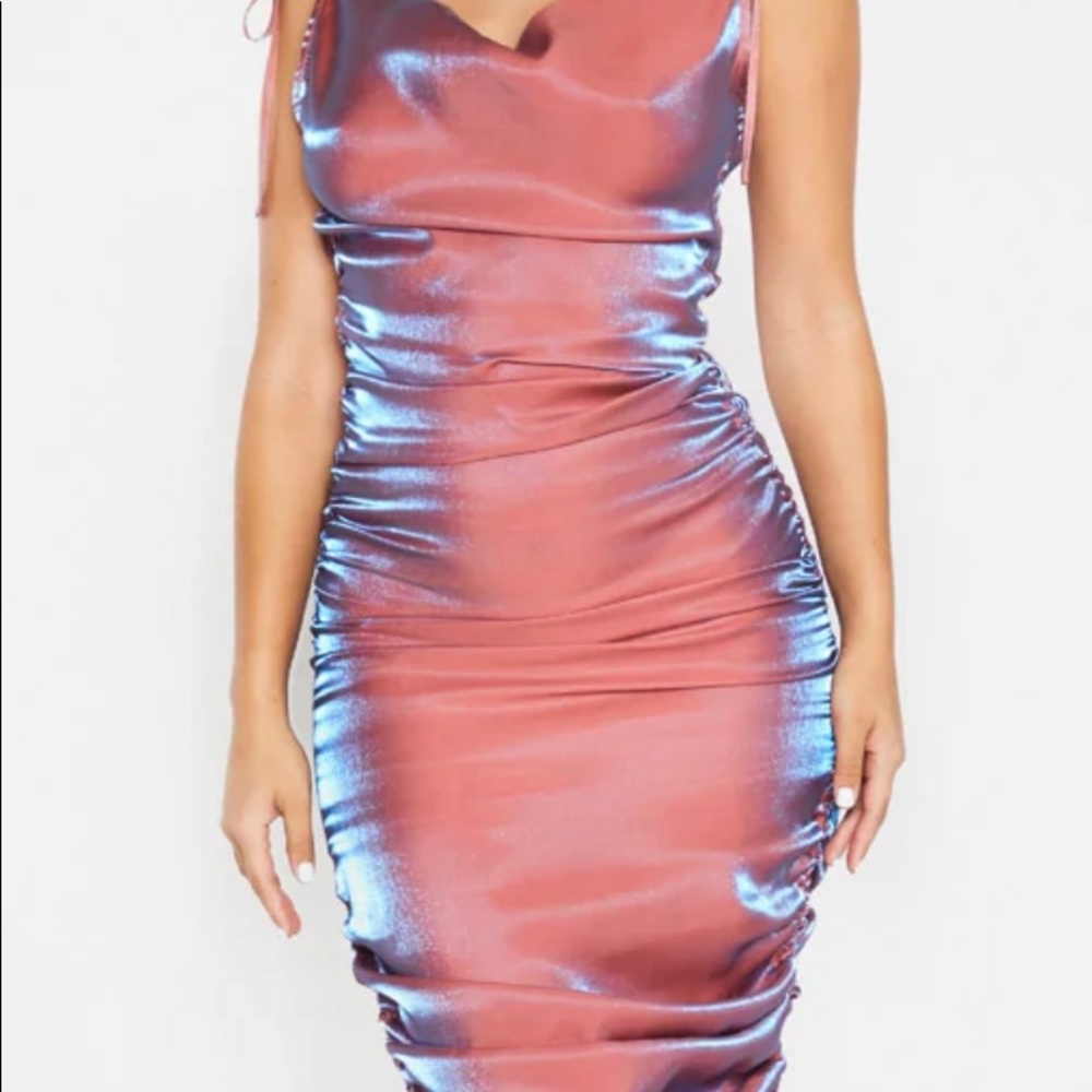 PrettyLittleThing Pink Metallic Shimmer Cowl Necktie Strap Midi Dress✨